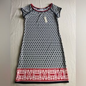 NWT Max Studio Matte Jersey Navy and White Patterned Dress with Red Trim Sz XS